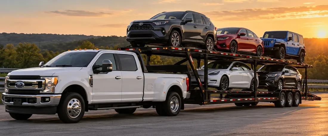 White Ford F-350 dually pulling a two-level car hauler loaded with five vehicles at sunset